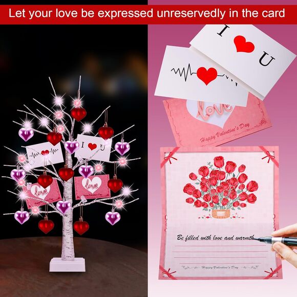 2 LED Lighted Birch Trees with Hearts & Cards,Valentine, Mother’s Day Decor Gift - Picture 2 of 7